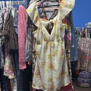 American Eagle Outfitters Cream Textured Dress with Pastel Floral Accents